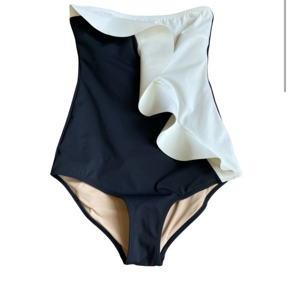 EVARAE Pavana Color Block Ruffle Bandeau One Piece Swimsuit Size 2 Neutral Beach - Picture 2 of 3